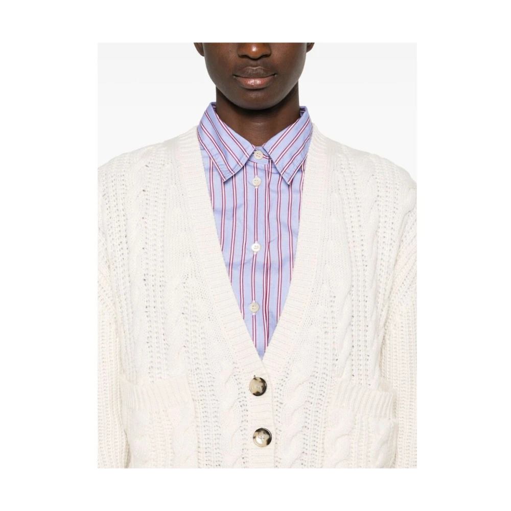 allude Ivoor Kabelgebreide V-Hals Trui White Dames