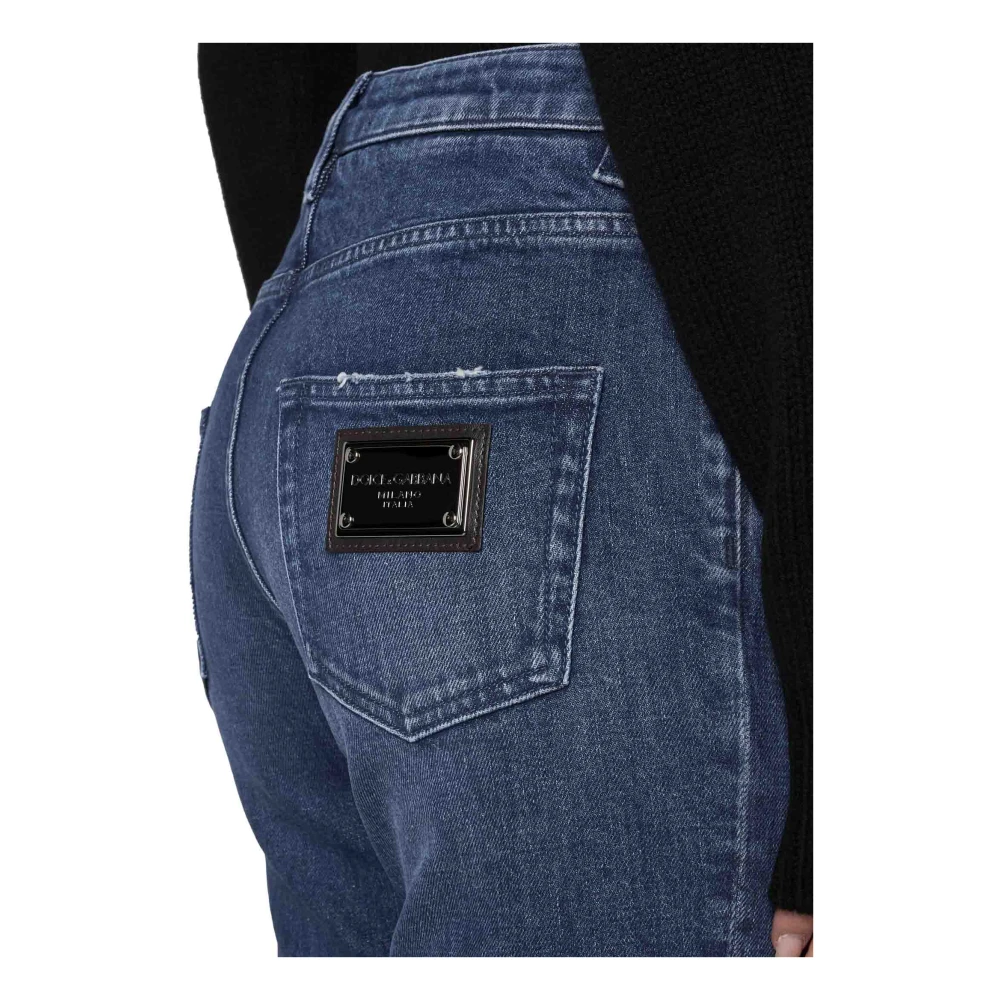 Dolce & Gabbana Slim-Cut Ripped Jeans met Logo Detailing Blue Dames