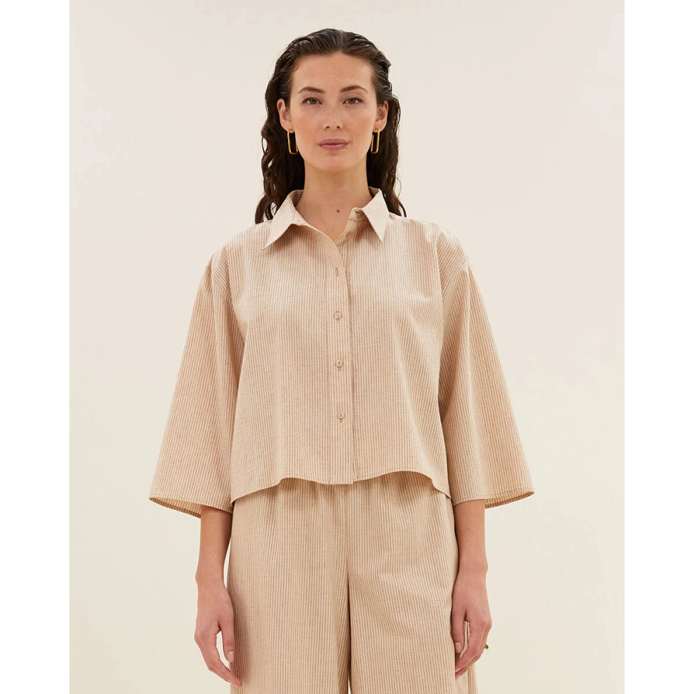 By-Bar Lurex Streep Korte Mouw Blouse Beige Dames