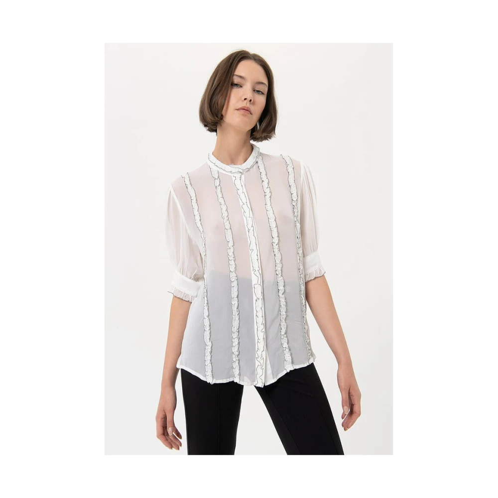 Fracomina Georgette Mandarin Kraag Blouse met Ruches White Dames