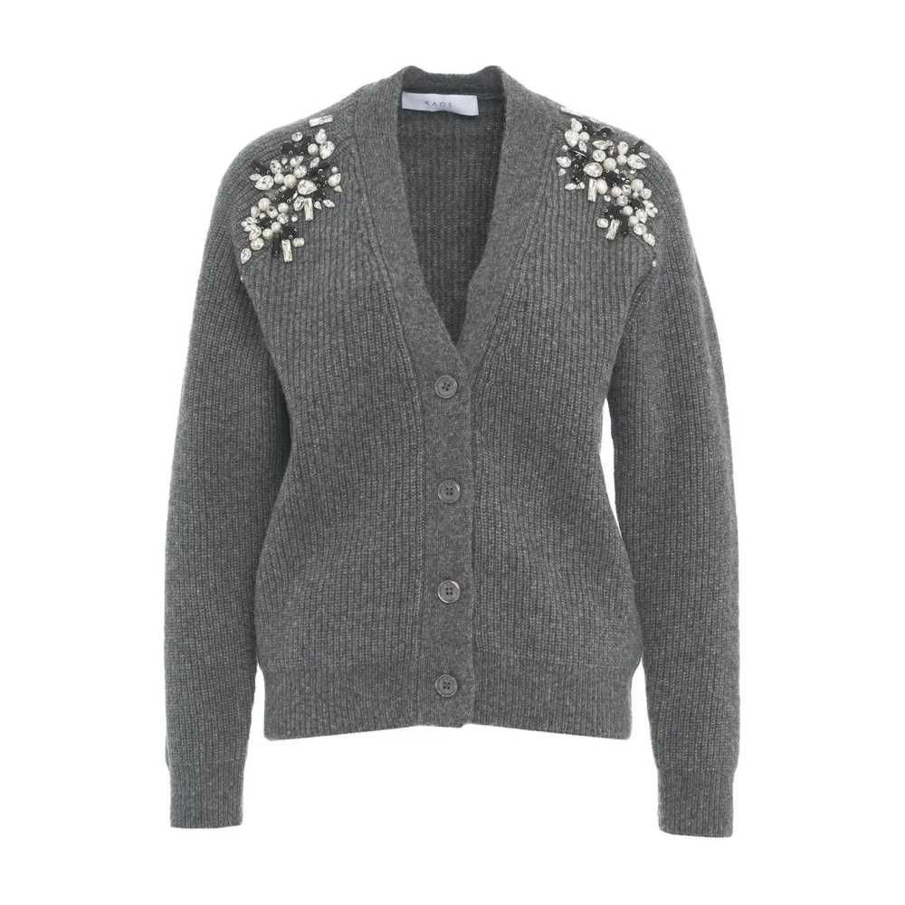 Kaos Grijze Gebreide Cardigan met Strass Applicatie Gray Dames