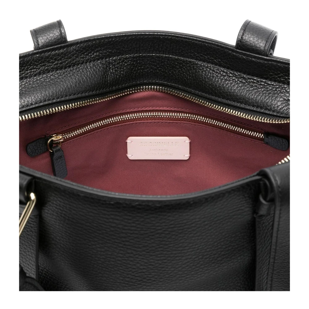 Coccinelle Zwarte Leren Gehamerde Textuur Handtas met Logoprint Black Dames