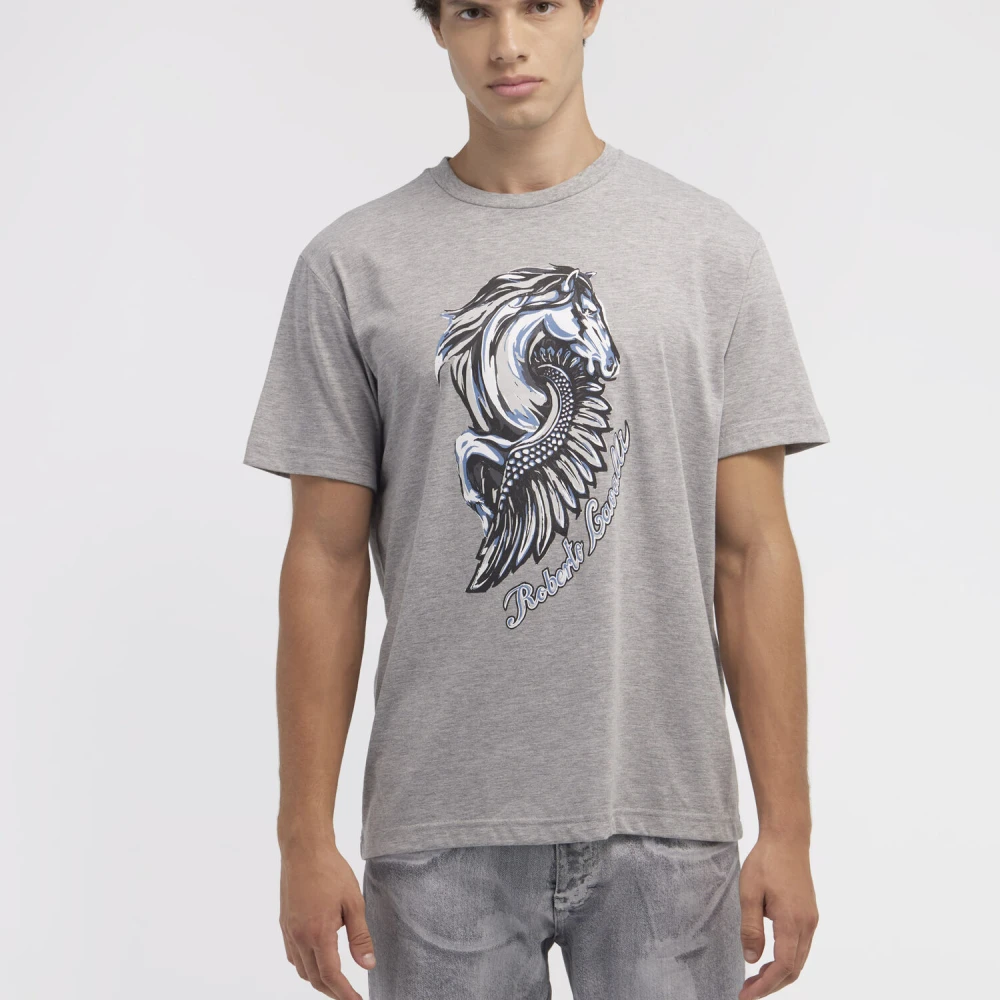 Roberto Cavalli T-shirt met Paardenlogo en Print Ronde Hals Gray Heren