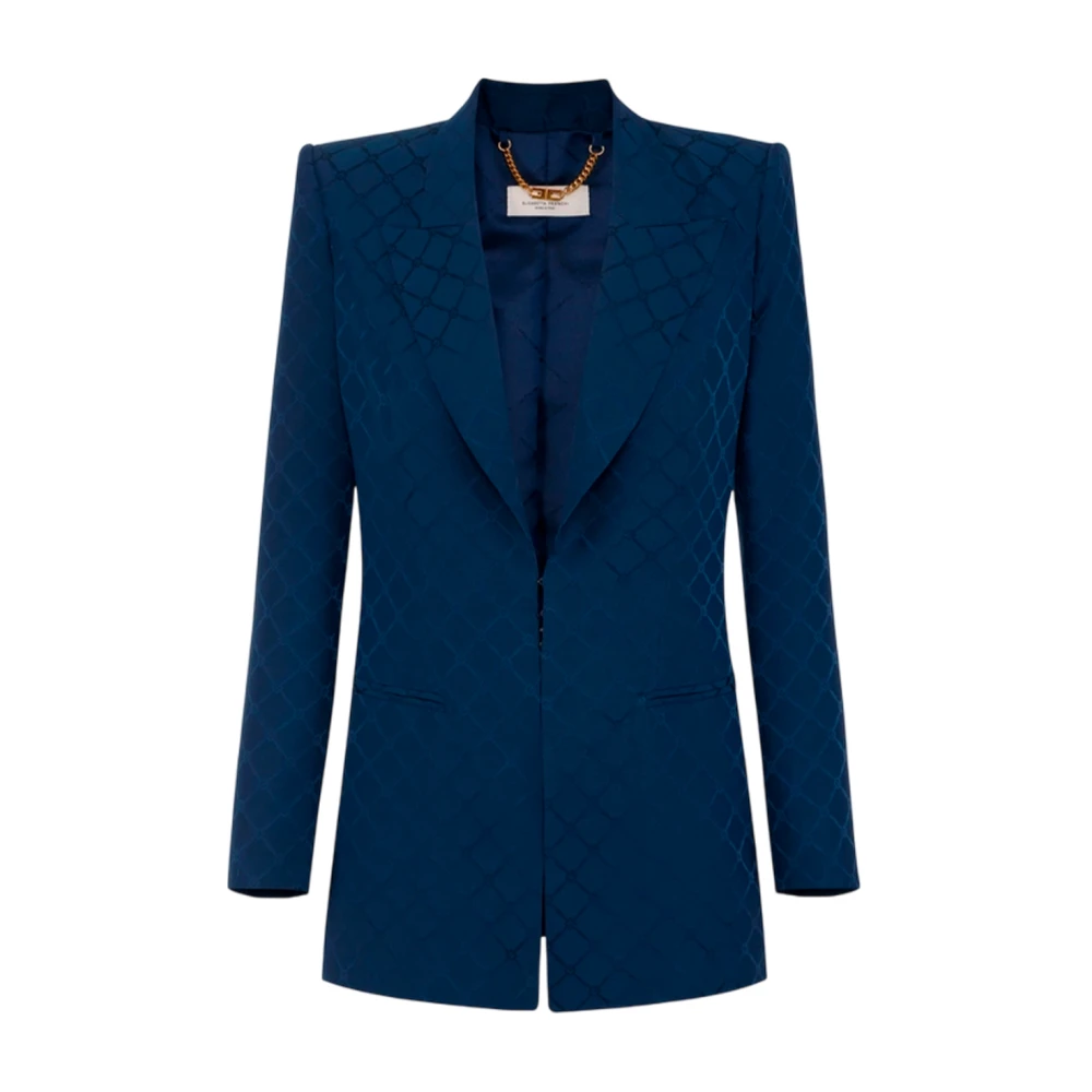 Elisabetta Franchi Satin Jacquard Blazer met Gestructureerde Schouders Blue Dames