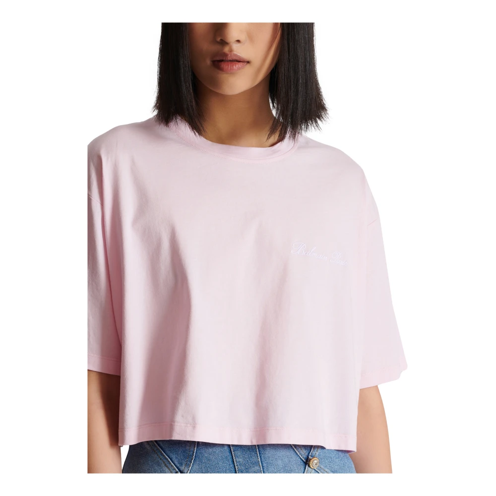 Balmain T-shirt met handtekeningborduurwerk Pink Dames