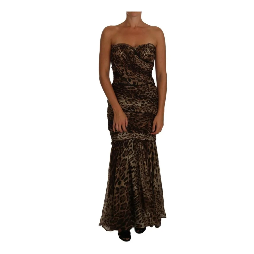 Dolce & Gabbana Luipaardprint Zijden Chiffon Maxi Jurk Brown Dames