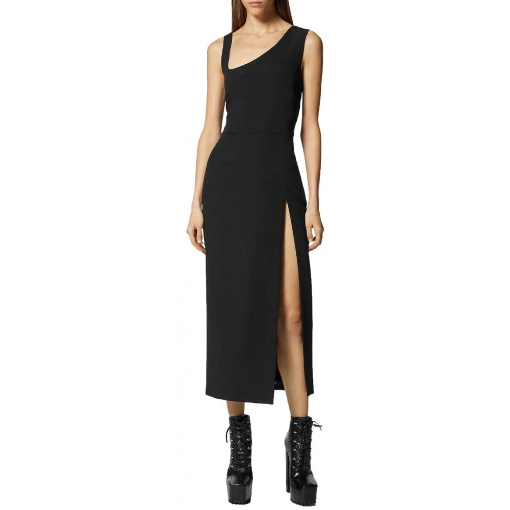 Versace Jeans Couture Midi Jurk met Asymmetrische Halslijn en Zijsplit Black Dames