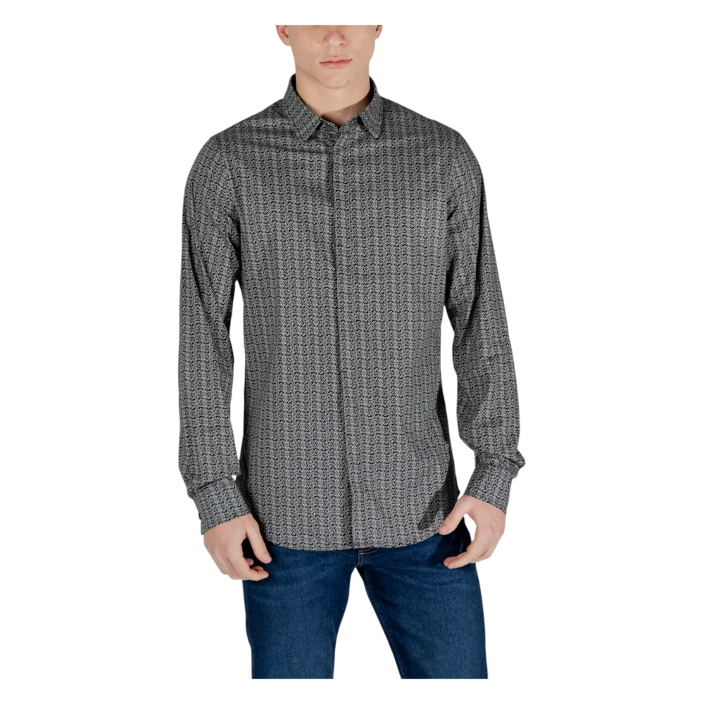 Armani Exchange Men's Black Geometric Pattern Shirt With Classic Collar