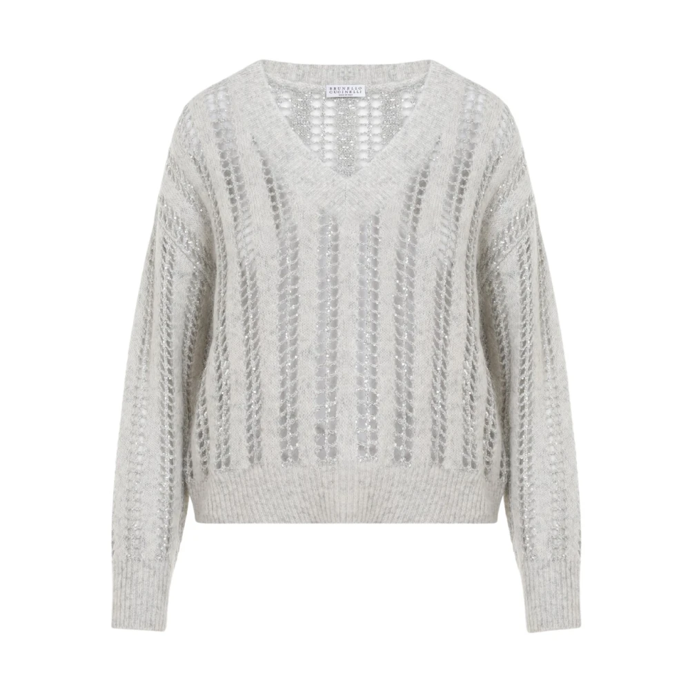 BRUNELLO CUCINELLI Glanzend Net V-hals Top Gray Dames