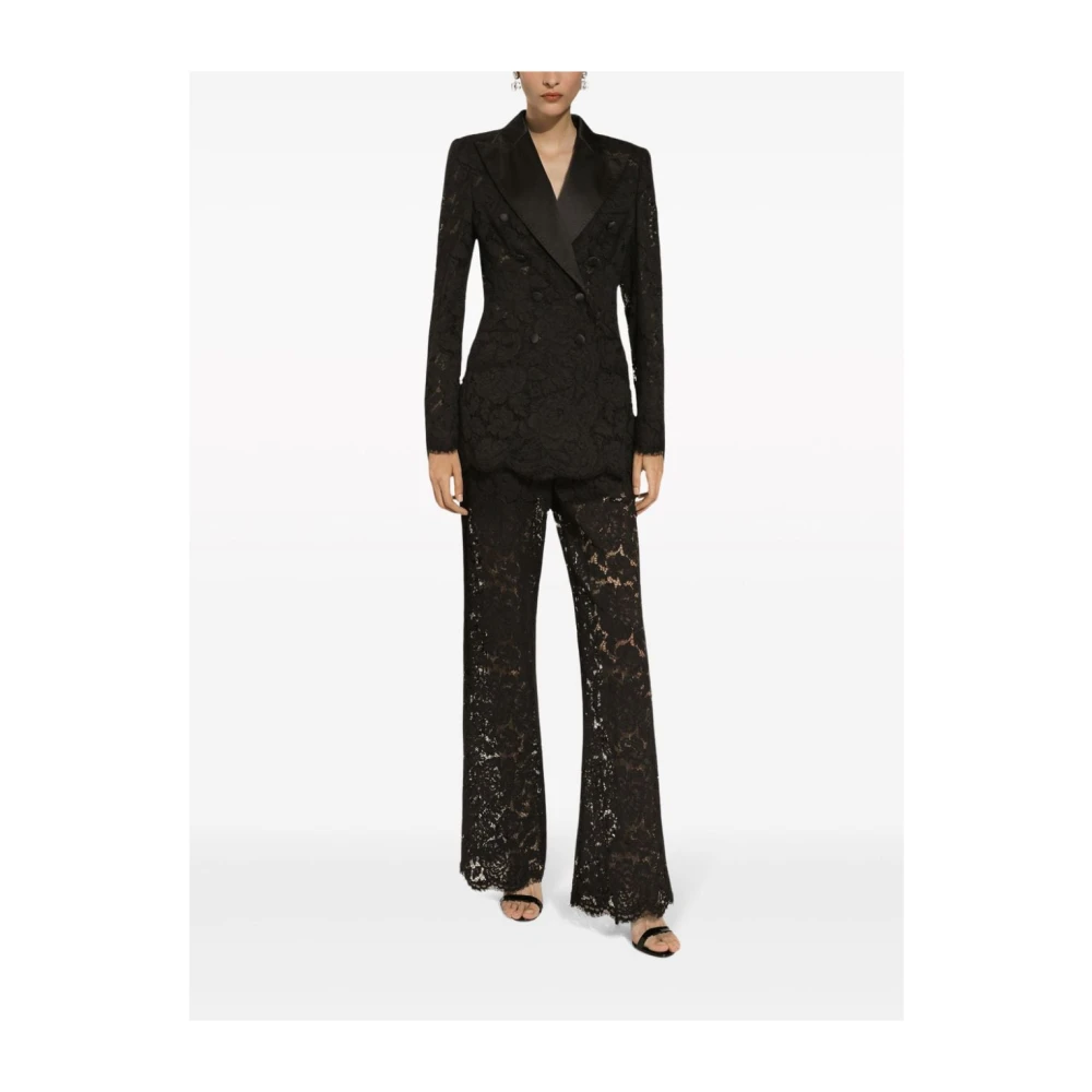 Dolce & Gabbana Zwart Bloemenkant Dubbelrijige Jas Black Dames