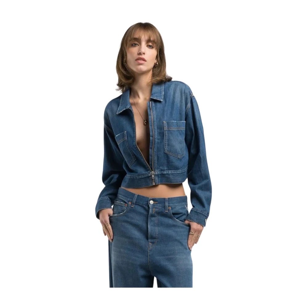 Replay Women's Blue Vintage Denim Jacket With Zip Closure