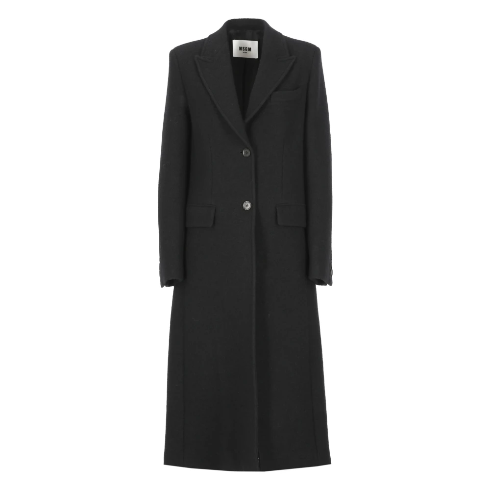 Msgm Zwarte Wollen Jas Peak Revers Black Dames