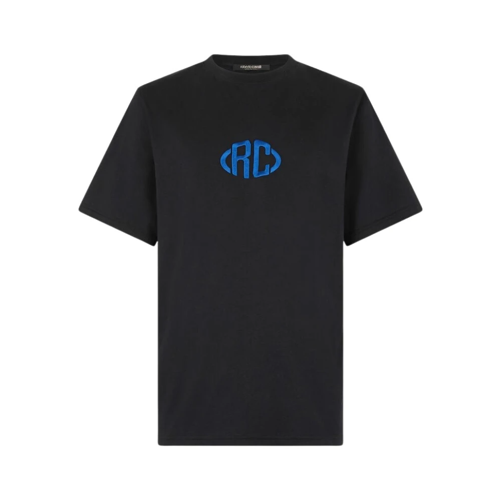 Roberto Cavalli , T-Shirts, Male, Black, M, Monogram Cotton T-Shirt Crew-Neck Short Sleeves