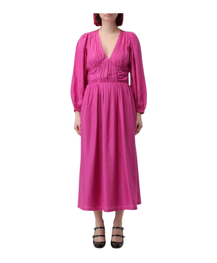 robe-midi-en-soie-fuchsia-col-en-v