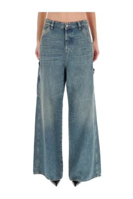 Låga jeans med vida ben och sliten effekt i bomullsdenim