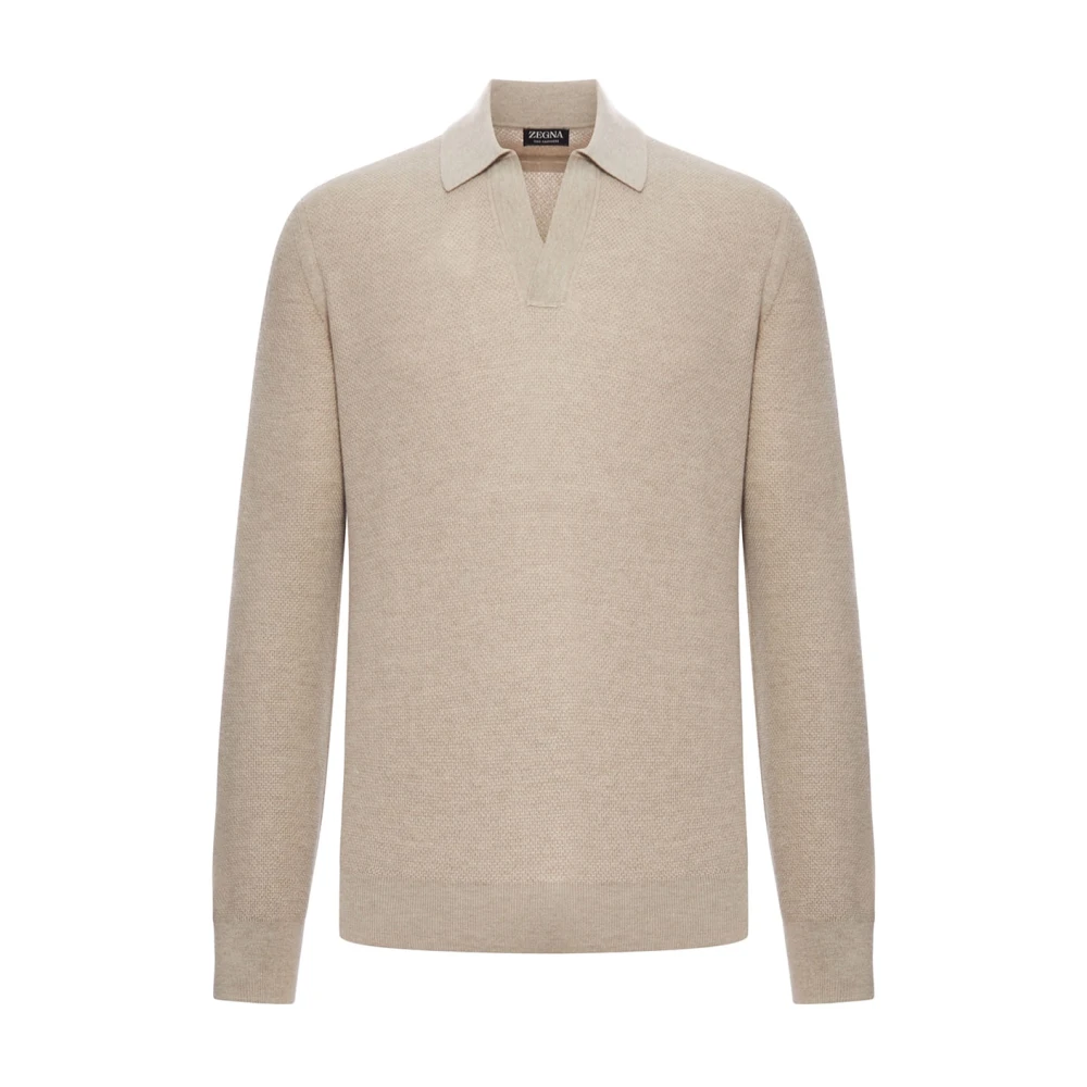 Zegna Beige Polo Collar Jumper - Male - V-Neck Knitwear - 2XL - Knitwear