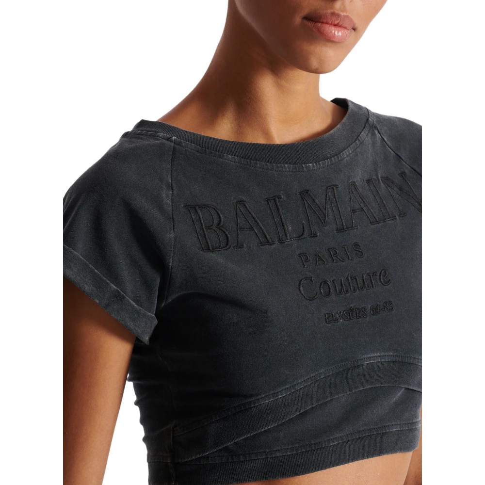 Balmain Cropped Couture Geborduurd T-shirt Gray Dames
