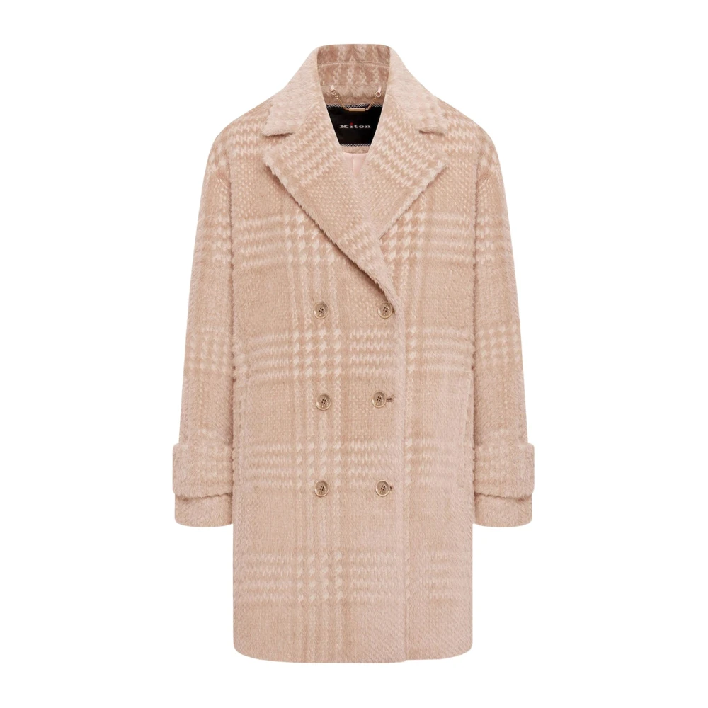 Kiton Glen Plaid Alpaca Wool Pea Coat Beige Dames