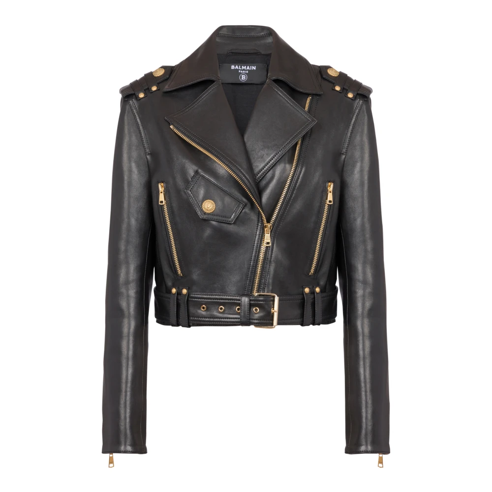 Balmain Leren bikerjack met rits Black Dames