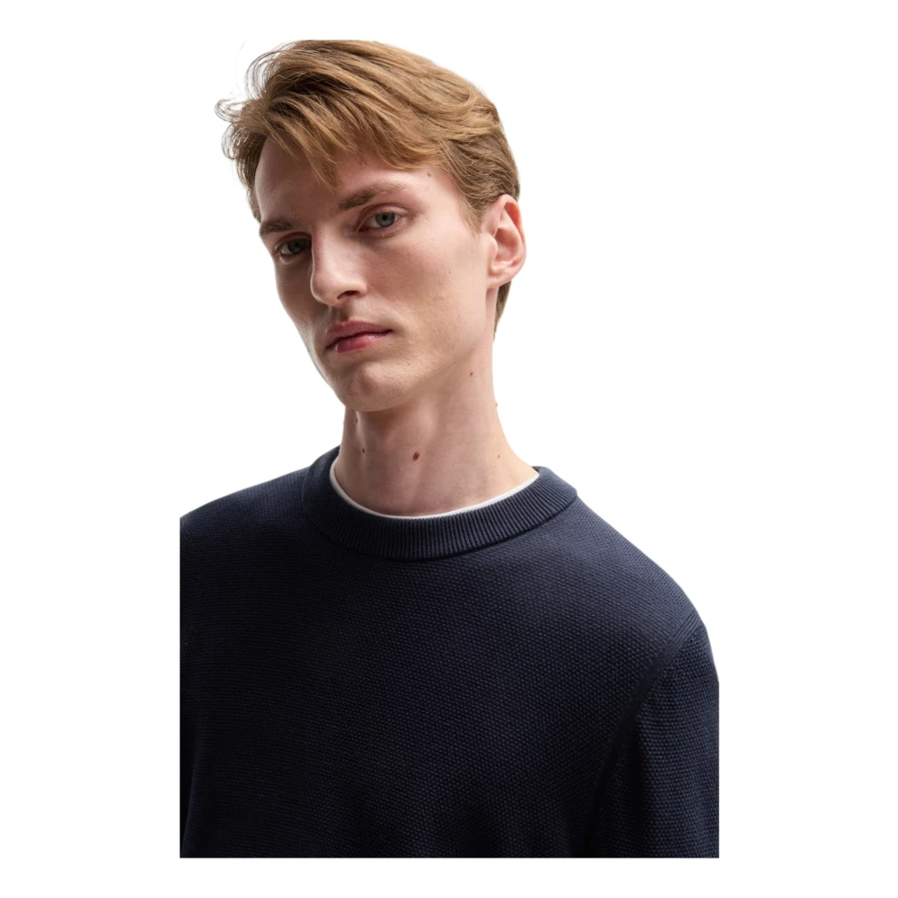 Hugo Boss Navy Katoenen Trui met Microstructuur Blue Heren