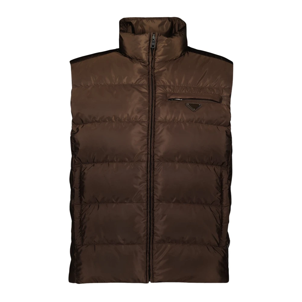 Prada Men's Brown Waistcoats, M, Sleeveless Nylon Puffer Jacket