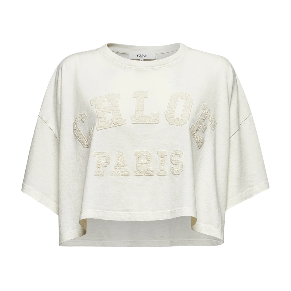 Chloé Gestructureerde Logo Patch Cropped T-Shirt Beige Dames