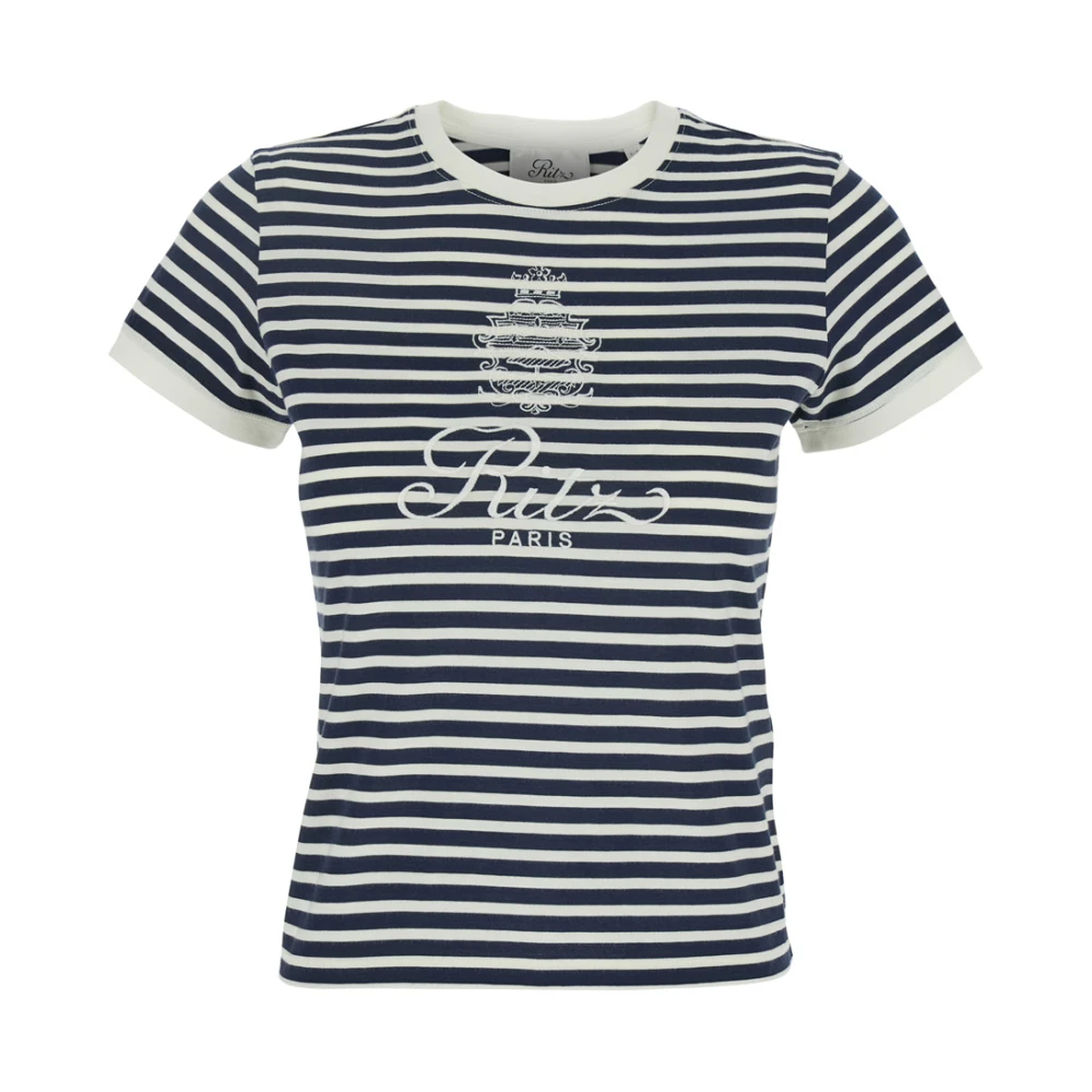 Frame Paris Logo Print Gestreepte Crewneck T-Shirt Blue Dames