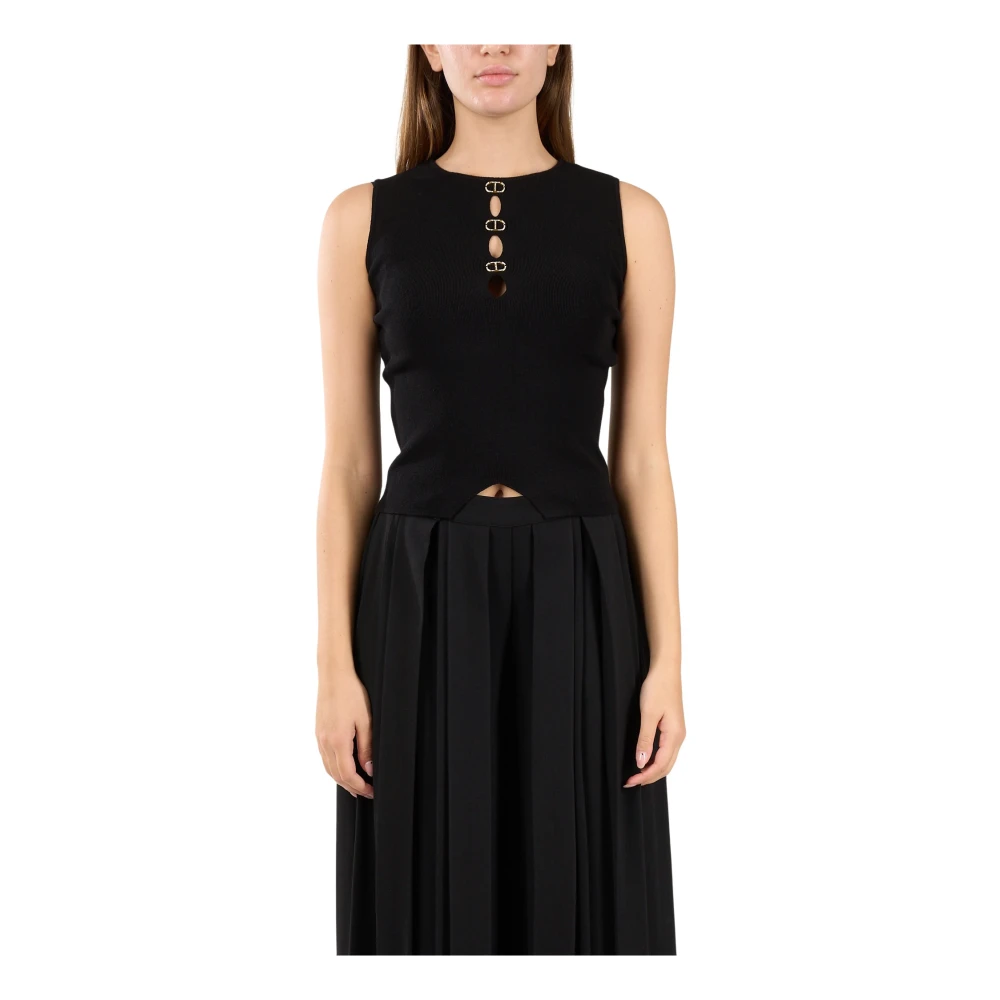 Twinset Mouwloze Stretch Top met Metalen Details Black Dames