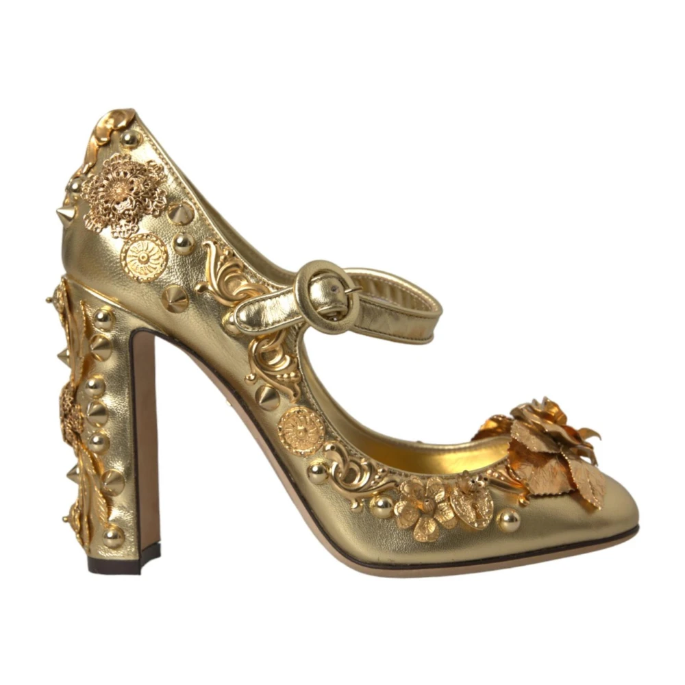 Dolce & Gabbana Women's Gold Floral Leather Mary Janes Pumps