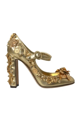 Guld Blommig Läder Mary Janes Pumps