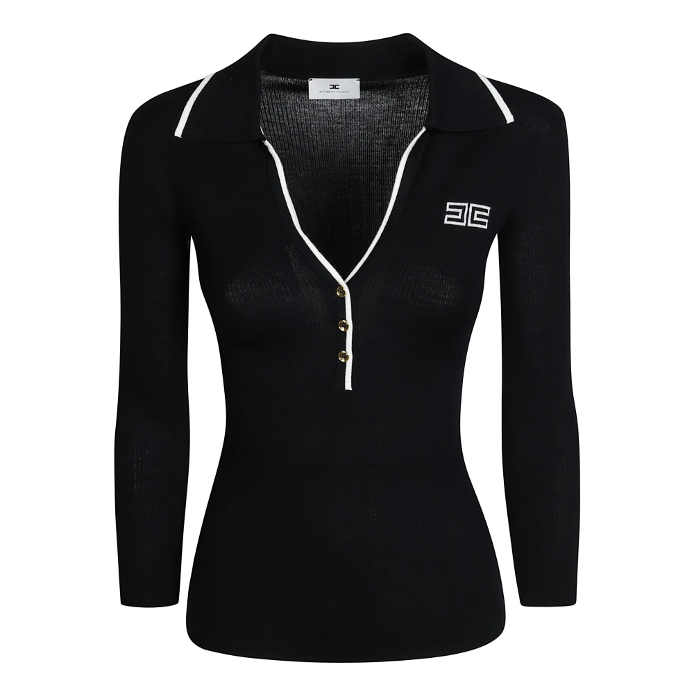Elisabetta Franchi , V-Neck Knitwear, Female, Black, Xs, Ribbed Knit Polo Shirt - Image 2