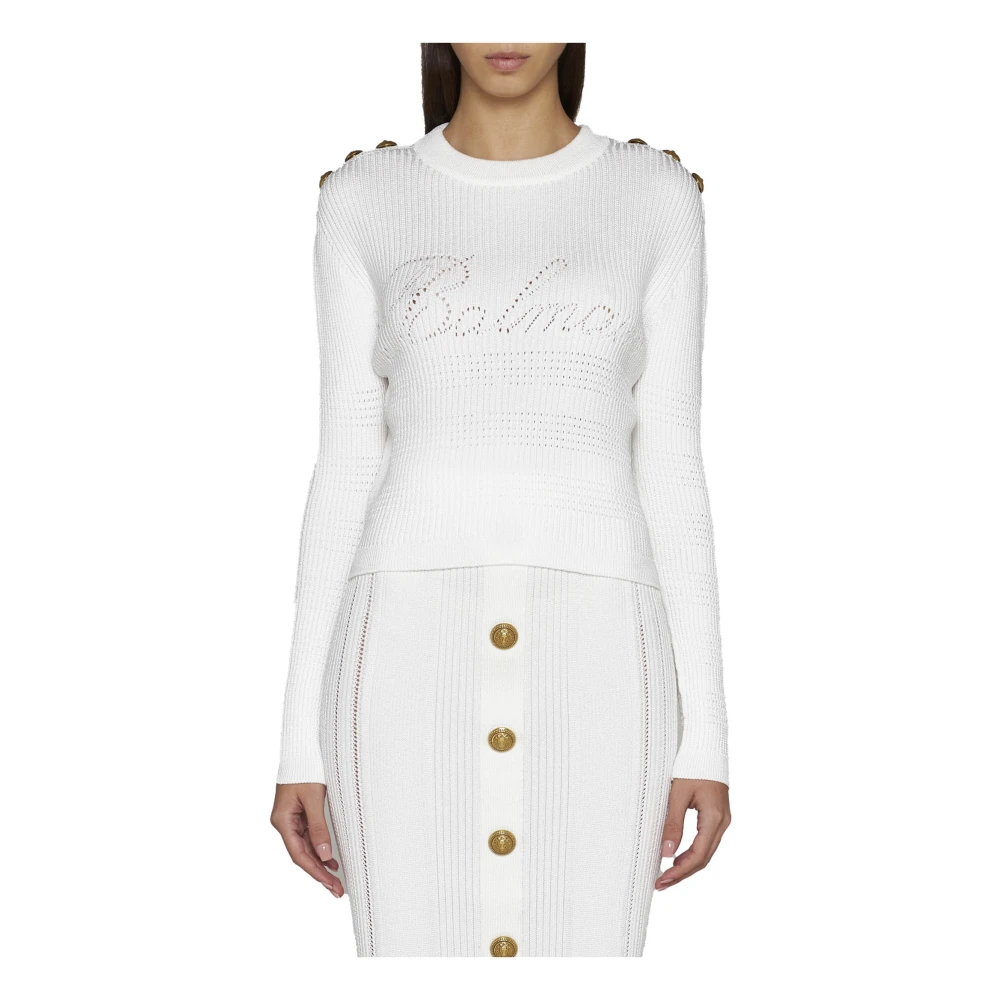Balmain Witte Gebreide Trui met Logo Versiering White Dames