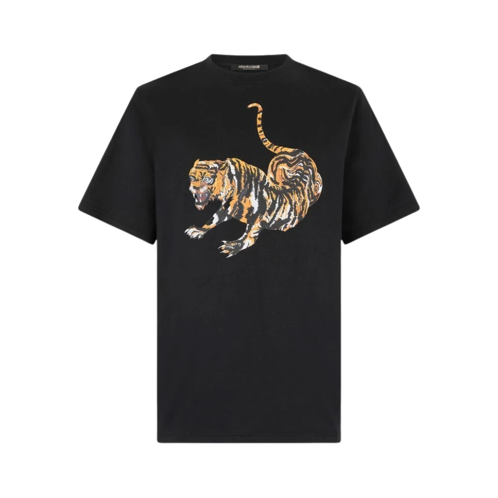 Roberto Cavalli Tiger Print Cotton Crew-Neck T-Shirt - Male - T-Shirts - Black - 2XL - Tops