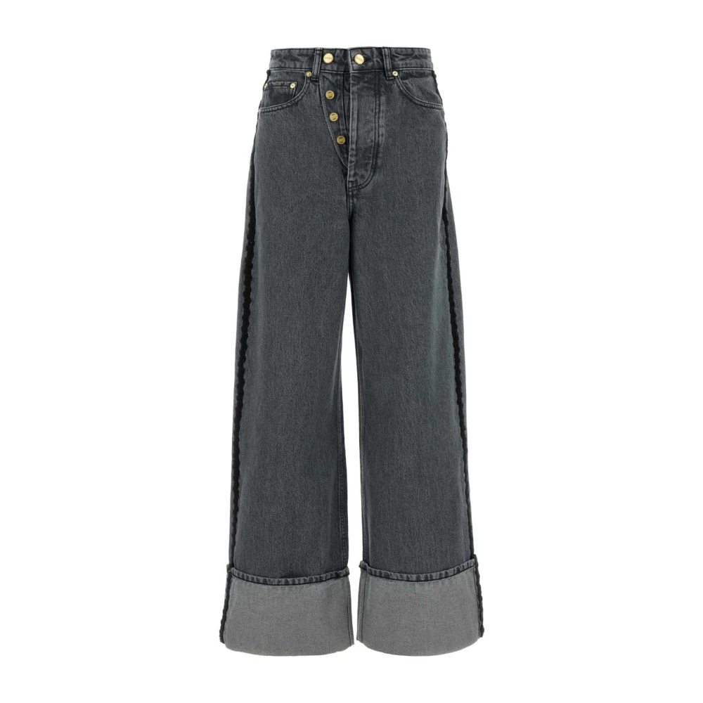 Ganni Women's Black Wide Jeans, W27 L33, Double Fly Baggy Jeans