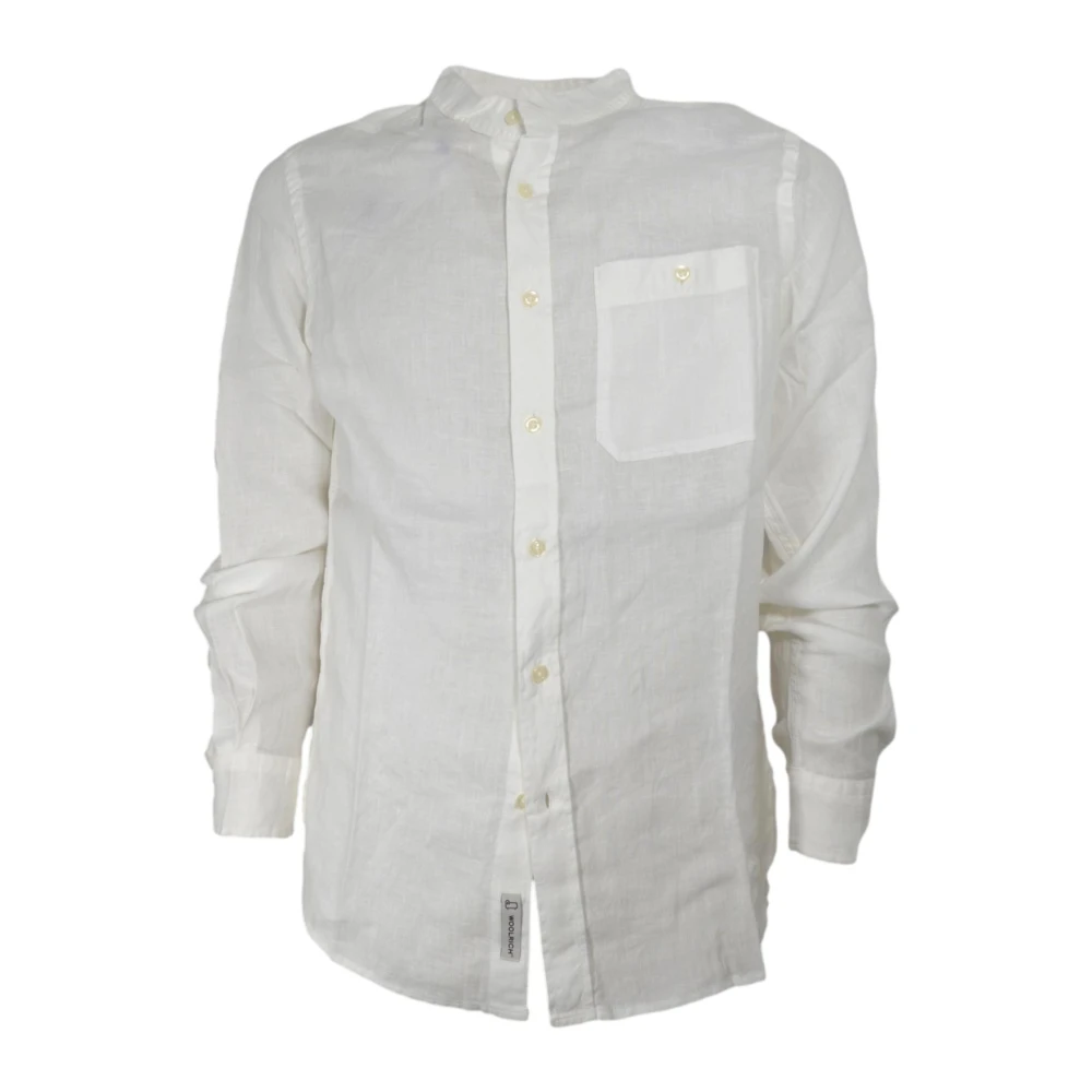 Woolrich Uomo Bianco Camicia In Lino Con Collo Alla Coreana