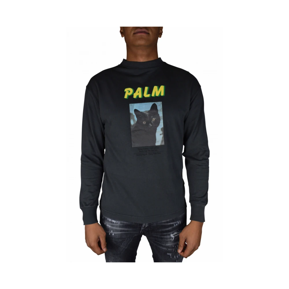 Palm Angels Grijze T-shirt met Lange Mouwen en Kat Gray Heren