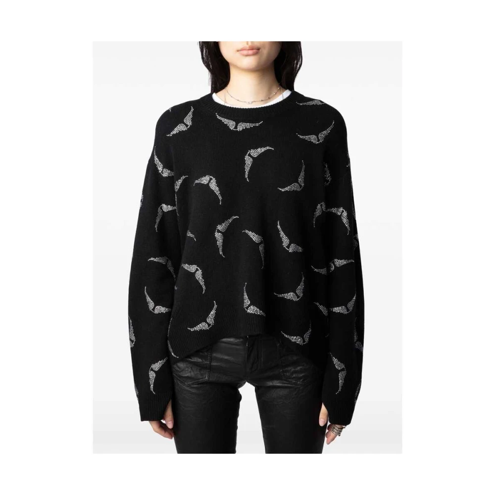 Zadig & Voltaire Zwarte Kasjmier Gebreide Trui met Strass Vleugels Black Dames