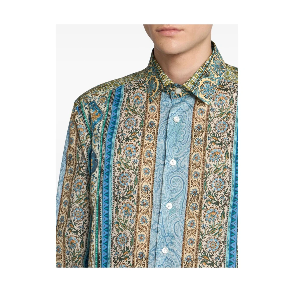 ETRO Blauw Aqua Knoop Spread Kraag Shirt Multicolor Heren