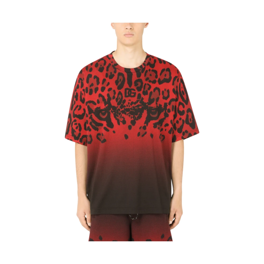 Dolce & Gabbana Rode Leopard Print Katoenen Jersey T-shirt Multicolor Heren