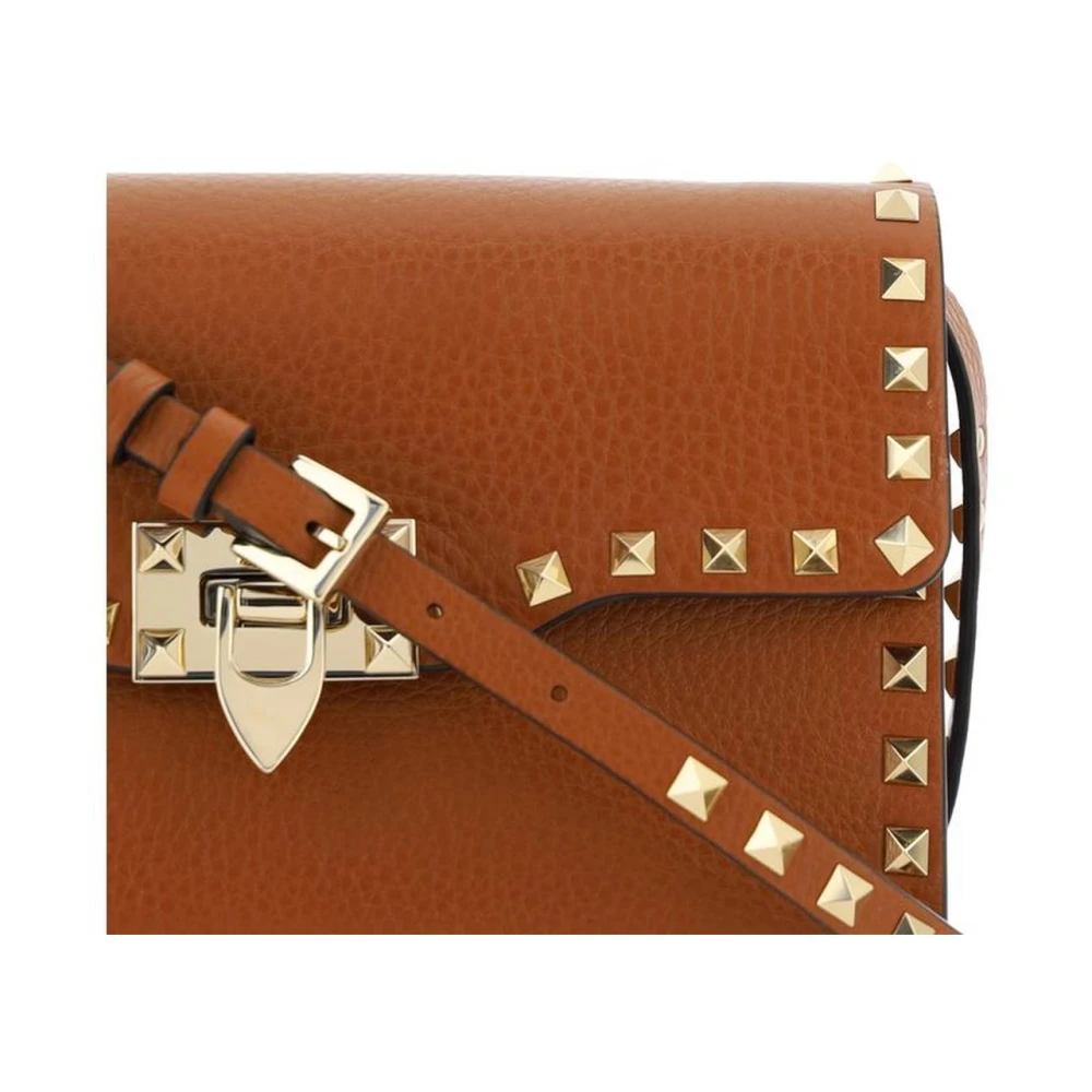 Valentino Garavani Gestudeerde Leren Schoudertas met Draaisluiting Brown Dames