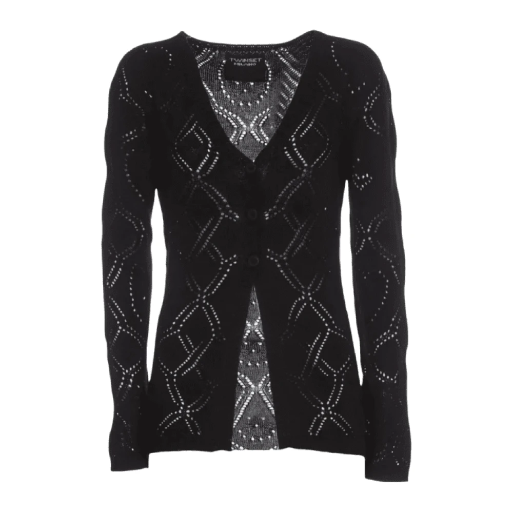 Twinset Zwarte Cardigan Treeblend Wol V-Hals Black Dames