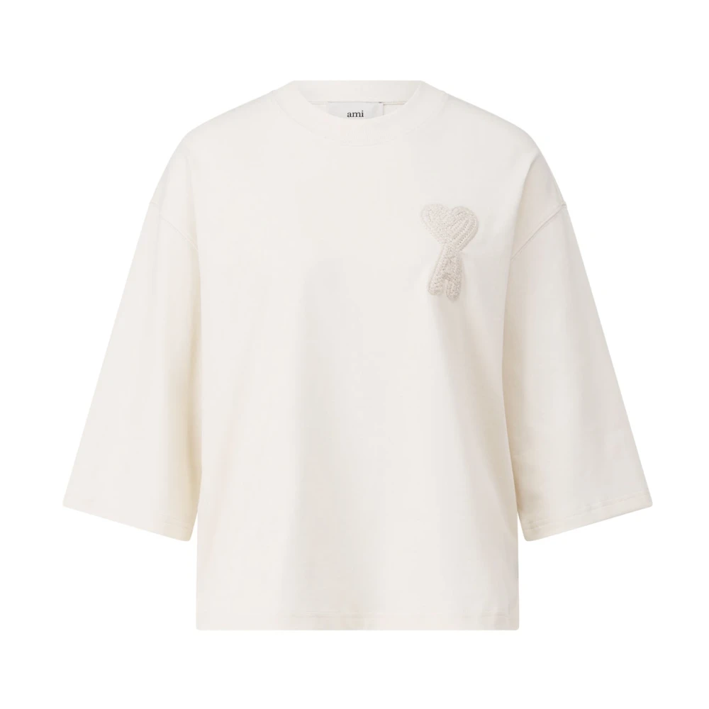 Ami Paris Logo Geborduurd Oversized Shirt met Lange Mouwen Beige Dames