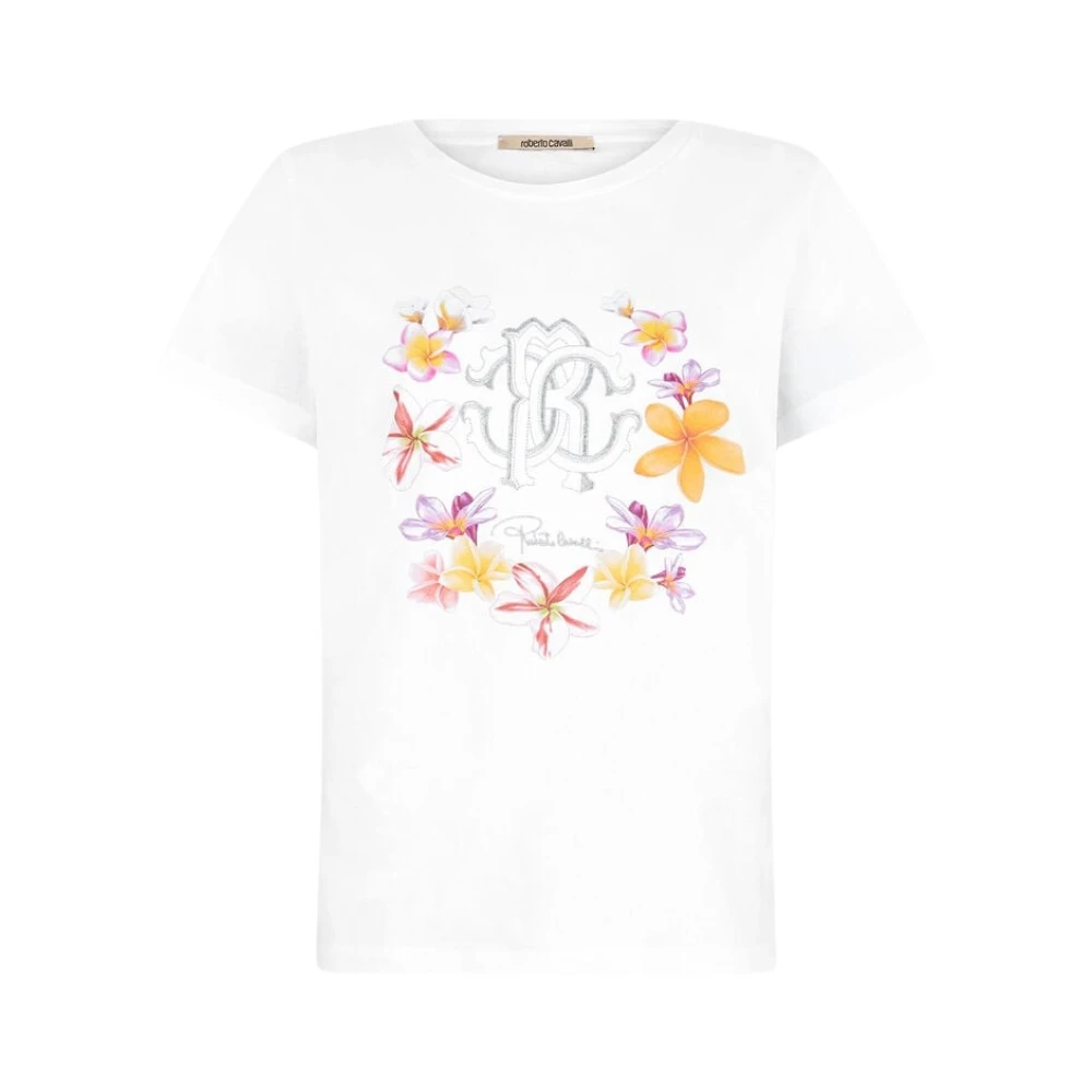 Roberto Cavalli Bloemen Monogram Ronde Hals T-shirt White Dames