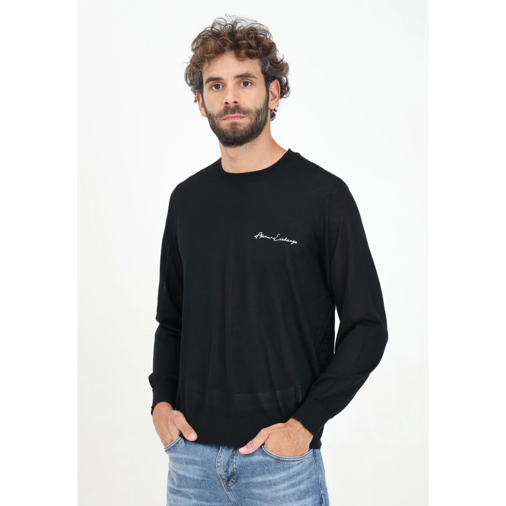 Armani Exchange Zwarte Crewneck Trui met Logo Borduursel Black Heren