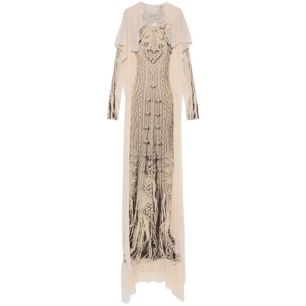 Jean Paul Gaultier Beige Mesh Gebreide Jurk met Print Beige Dames