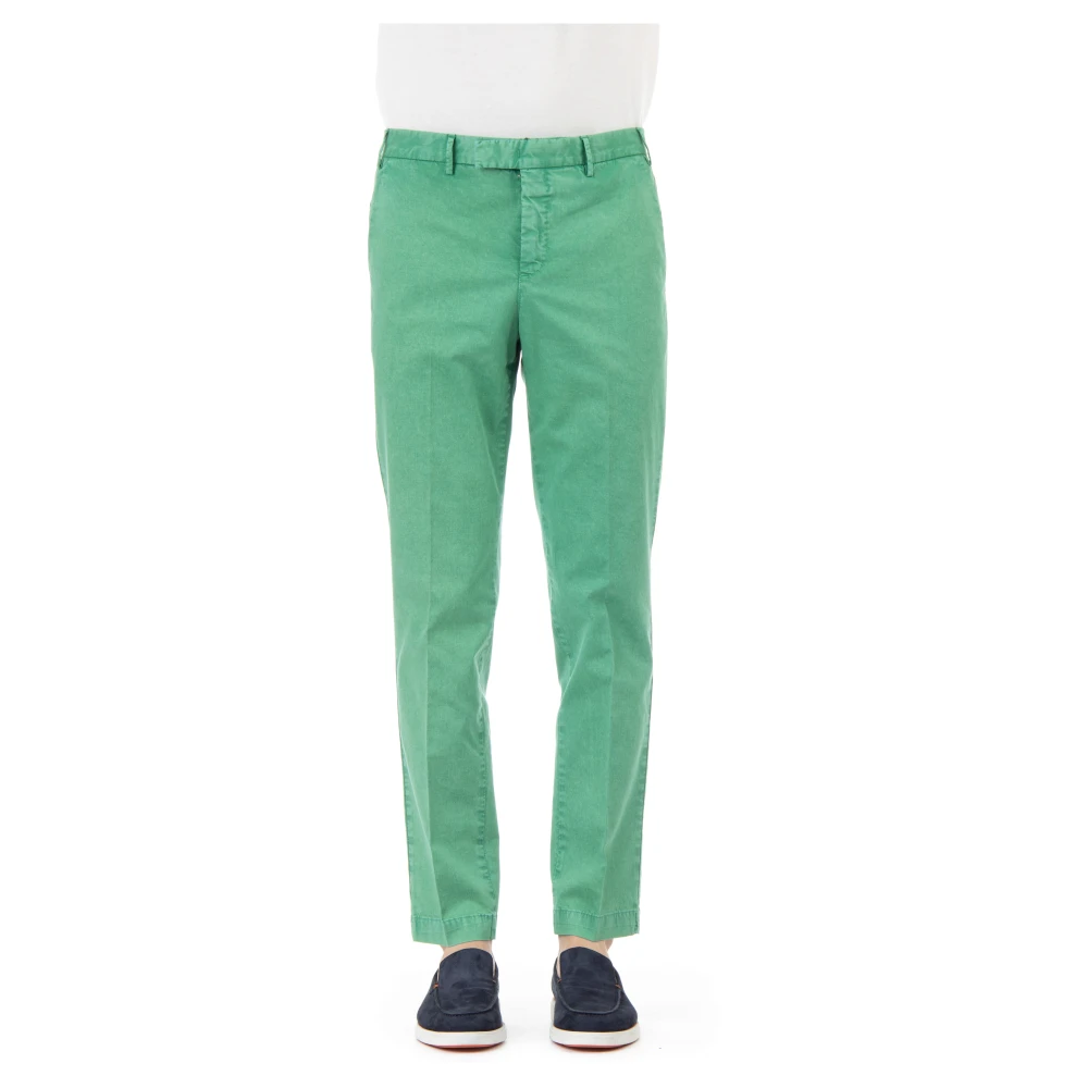 Pt Torino Men's Green Pantalone In Twill Stretch Di Cotone-Lino Effetto Marmorizzato - Chinos - M - Trousers