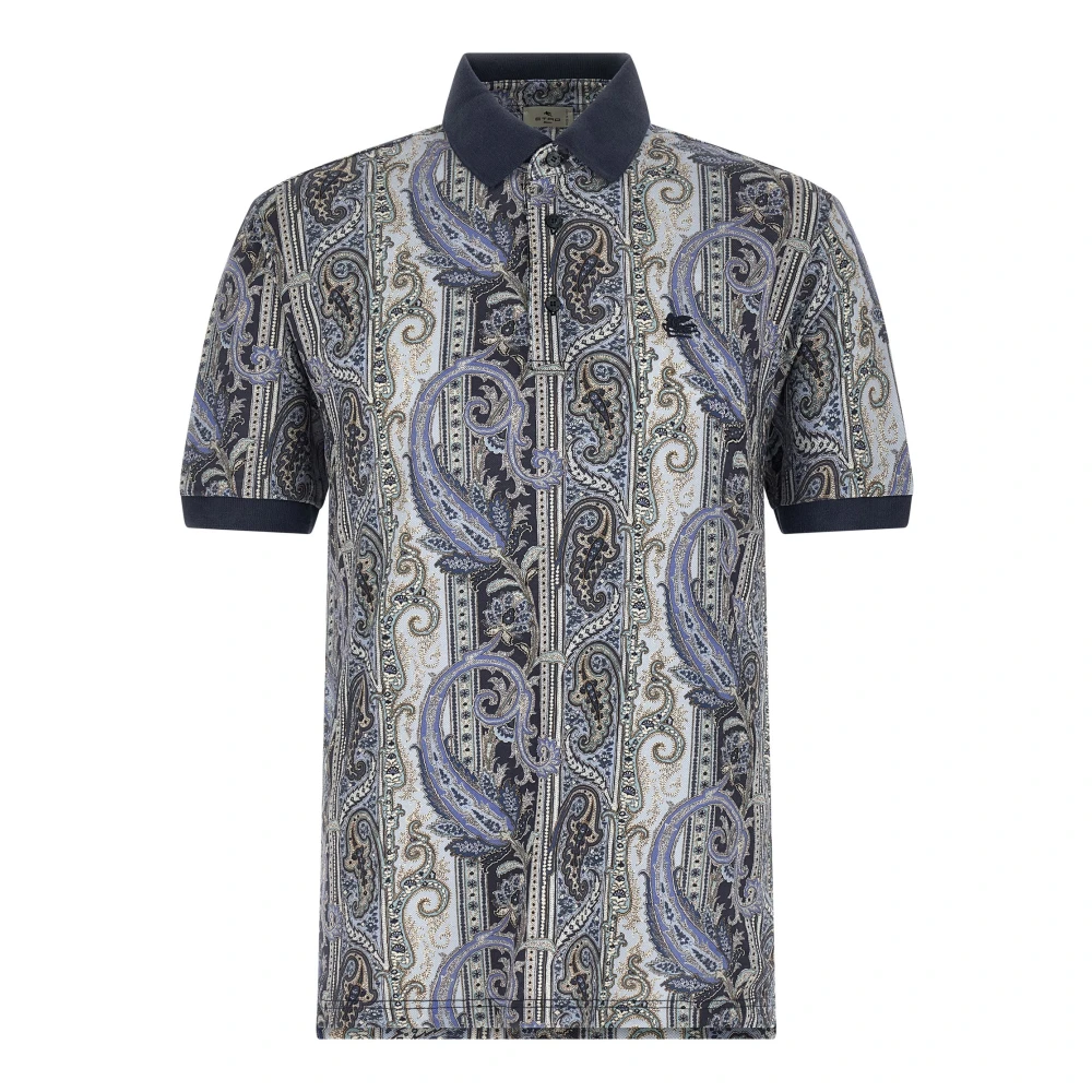 Etro Men's Blue Polo Shirts, S, Cotton Pique Polo Shirt With Arnica Motif