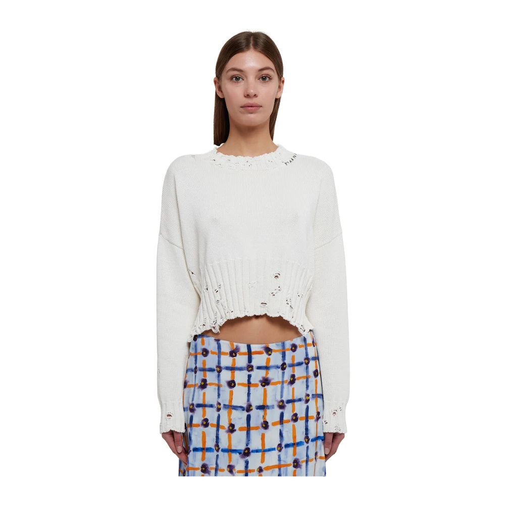 Marni Crop Sweater met Contrasterend Logo White Dames