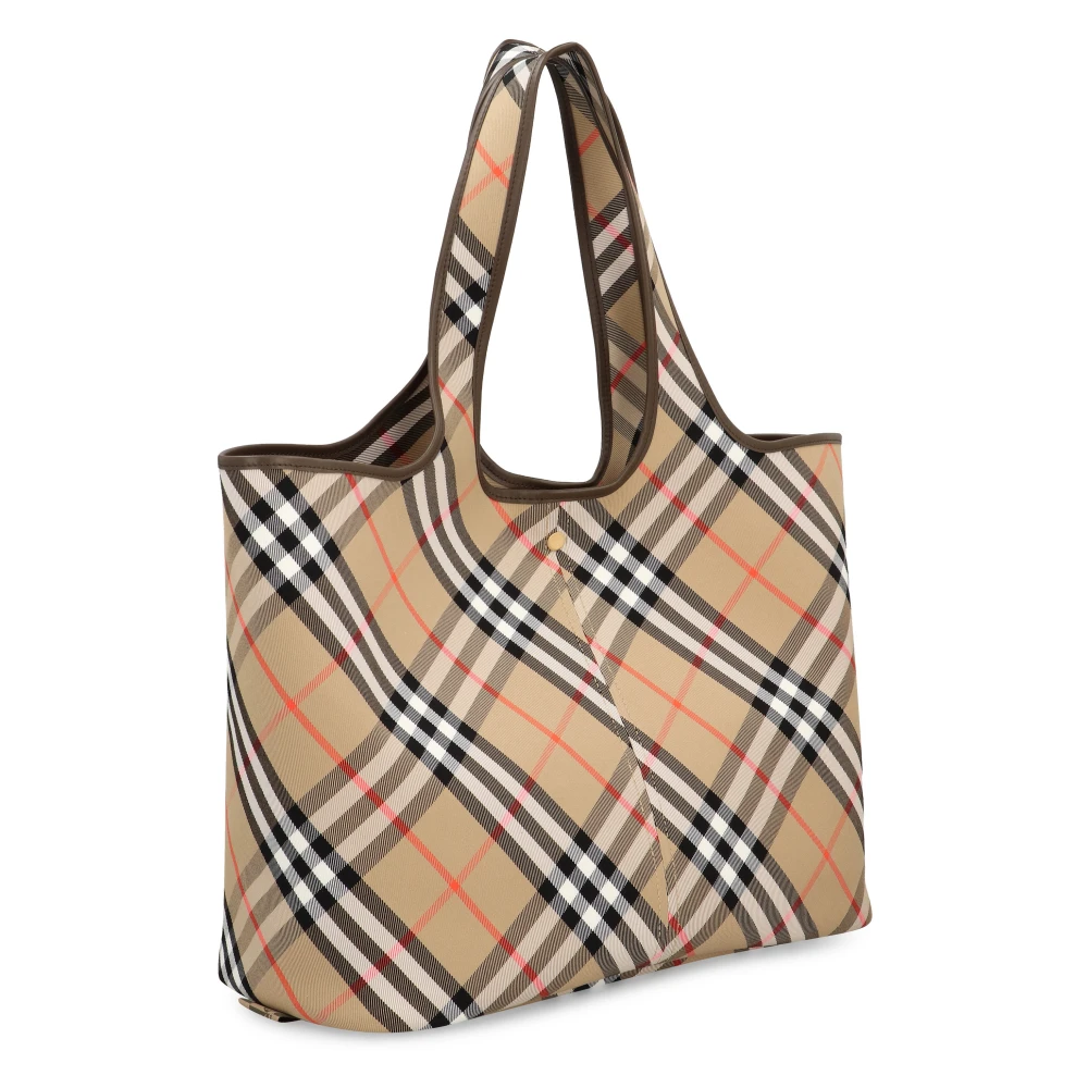 Burberry Geruite Motief Tote Tas met Leren Details Beige Dames