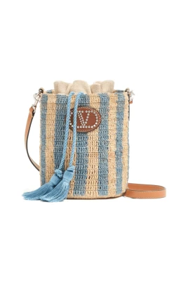 Small Bucket Bag i randig raffia